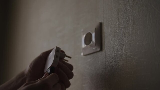 Person plugs universal travel adapter into European wall socket. Then they connect black power cord, supplying electricity to device. Dimly lit room with textured wall background.