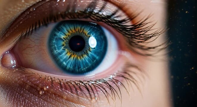 Macro closeup of a blue human eye with detailed iris, lashes and light particles. Medical vision concept for ophthalmology, eye exam, laser correction, diagnosis, treatment and contact lenses.