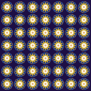 Riad Fountain 12 Pointed Star Seamless Pattern Royal Blue Gold Geometric Vector Background