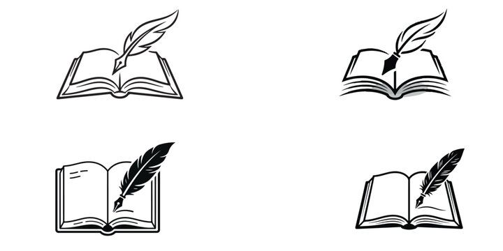 Creative Writing and Literature Icon Set, Minimalist Vector Illustrations of Open Books with Quill Pens and Ink Nibs