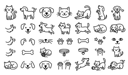 Cute dogs and cats doodle icon set vector illustration hand drawn pet outlines © Sagor
