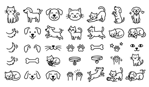Cute dogs and cats doodle icon set vector illustration hand drawn pet outlines