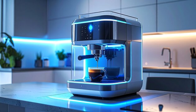 Modern Espresso Machine Brewing Coffee on Kitchen Counter with Blue Ambient Lighting