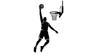Basketball player slam dunk silhouette vector with dynamic sports action pose isolated on white background © Rune Veil