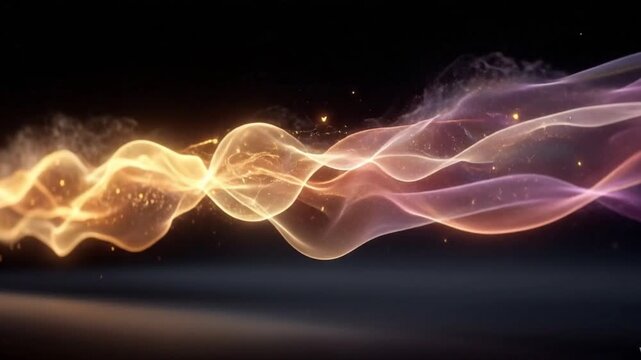 Glowing golden and purple energy waves flowing across dark space