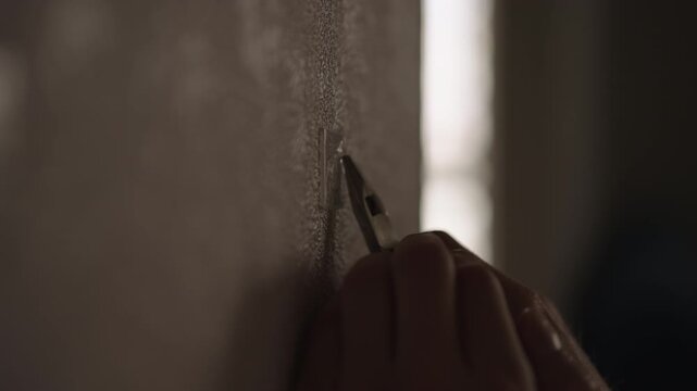 Close-up hand of unrecognizable person using various tools to extract hidden listening device or bug from textured wall, repairs surface to conceal activity. Concept of espionage, spy, security.