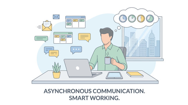 Professional working remotely with laptop, embracing asynchronous communication and smart work for flexible scheduling and productivity in a modern office.