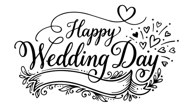 Elegant script calligraphy for Happy Wedding Day with decorative flourishes and heart accents vector silhouette