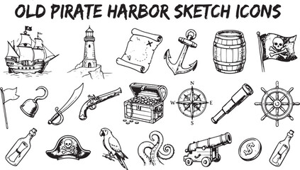 Old pirate harbor sketch icon set