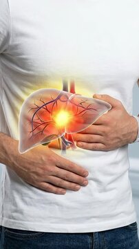 Adult man experiencing severe abdominal discomfort, highlighting painful inflammation of the human liver organ, representing hepatic system health problems, internal medical disorders