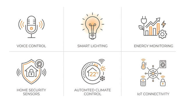 A set of line art icons for smart homes: IoT automation, energy consumption monitoring, climate control, and voice assistant for user interface designю. AI generated.