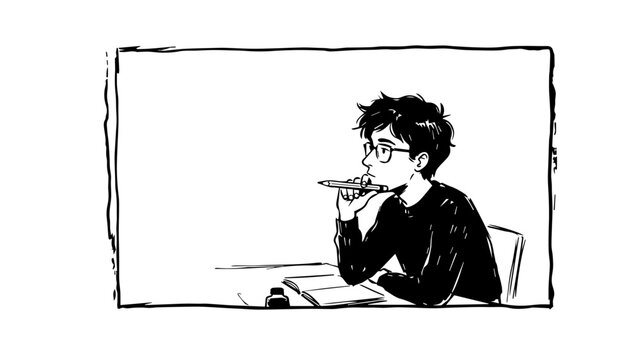 Young Student Thinking with Pen and Notebook at Desk During Study Session