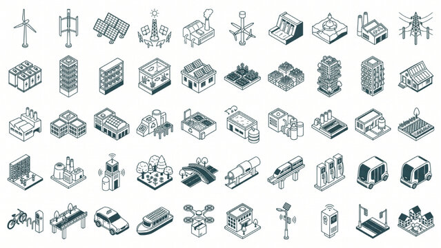 Futuristic Eco City Icon Set Collection &ndash; Isometric Minimal Monochrome Vector Style, Sustainable Urban Elements, Isolated White Background