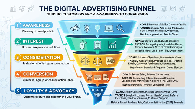 Digital advertising funnel guiding customers from awareness to conversion