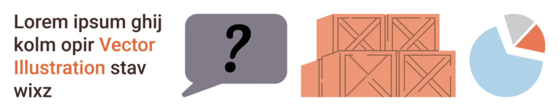 Business strategies, logistics, data analysis, problem-solving, communication, decision-making. Speech bubble with question mark, stacked boxes pie chart. Business strategies and logistics concept