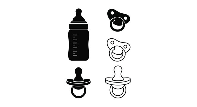 Baby bottle and pacifiers icons set black silhouette