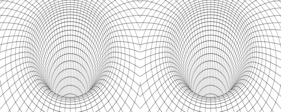 Abstract 3D wireframe grid background with dual black hole funnel effect. Modern perspective mesh design representing gravity, spacetime, technology, and futuristic scientific concepts.