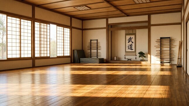 Empty traditional dojo with wooden floor and calligraphy banner indoors