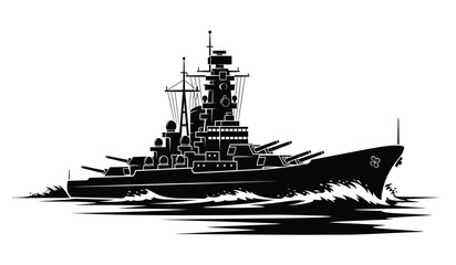 Detailed black silhouette of a battleship sailing on waves with a white background silhouette high quality professional detailed modern elegant stylish clean crisp vibrant © Thysl2000