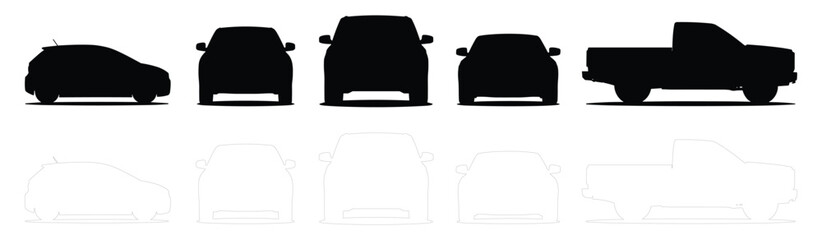 Minimal style CAD vehicle silhouette and outline set, car design elements symbol for architecture transport illustration. Vector graphic collection © Addictive Stock