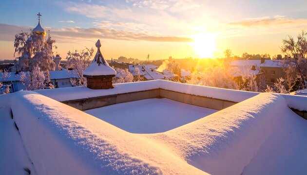 Snow Covered Rooftop Terrace Glowing at Sunrise Over Winter Village