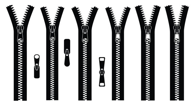Black zipper silhouettes with sliders isolated on white background silhouette