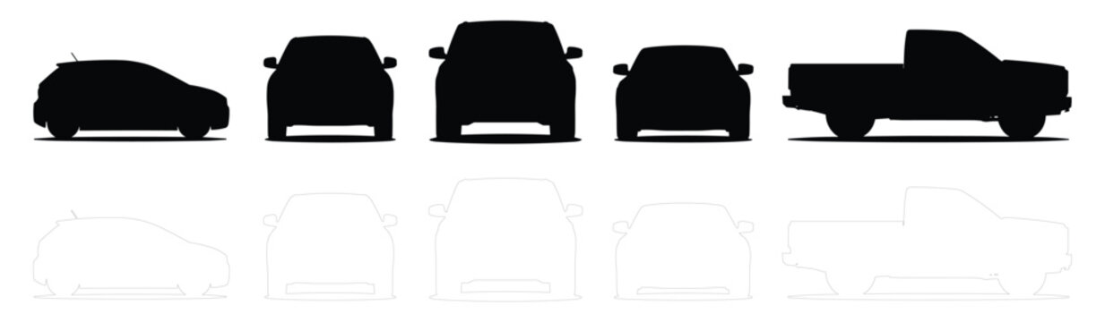 Minimal style CAD vehicle silhouette and outline set, car design elements symbol for architecture transport illustration. Vector graphic collection