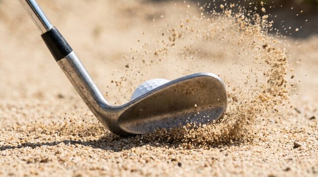 Golf club hitting sand during bunker shot on sunny day