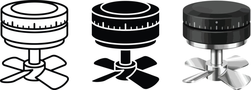 Set of industrial mixer or laboratory agitator icons featuring line art solid glyph and realistic 3D styles ideal for engineering and scient