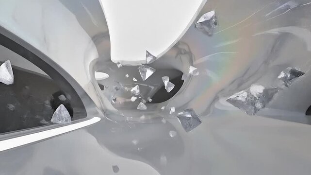 Seamless futuristic organic white tunnel with fluid curved architecture inspired by parametric design, floating triangular particles with slow elegant movement, soft skylight illumination mixed