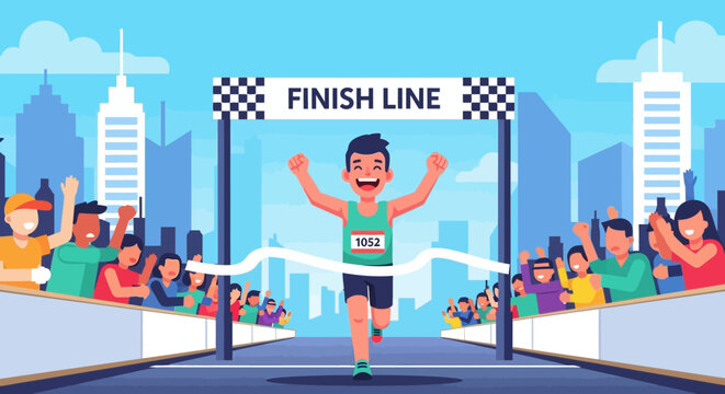 Happy Male Runner Crossing Finish Line with Arms Raised in Victory.
