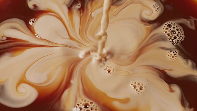 Milk pouring into coffee creating abstract swirls and patterns
