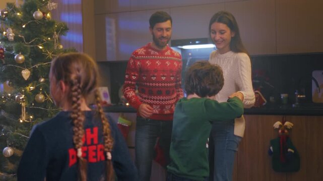 Family joyful holiday, Tentative excitement and warm smiles as gifts are exchanged during holiday celebration