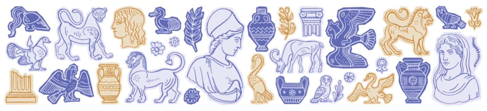 Greek ancient vector statue. Greece art with column, vase, statue and mythology sculpture. Antique illustration set. collage icon of Roman and Greek museum vintage element. Ancient hand drawn logo bg