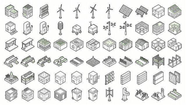 Isometric Minimal Sustainable Architecture Symbols Set Collection &ndash; Eco Buildings, Engineering Systems, Smart City Technology, Renewable Construction Concepts Modern Editable Stroke Vector, Isolated W