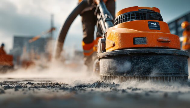 An industrial vacuum cleaner is being used by a professional worker to vacuum dusty floors at a construction site, which is a concept for cleaning, renovation, and maintenance.