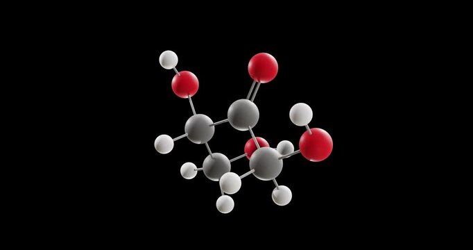 Erythrulose molecule, rotating 3D model of ketotetrose monosaccharide, looped video on a black background

