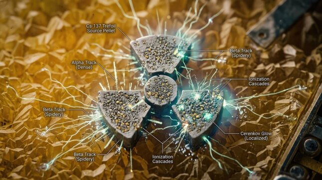 Radioactive decay process visualizing energetic particle emission, showing alpha track, beta track, ionization cascade, and cerenkov glow, demonstrating atomic disintegration, nuclear fission.