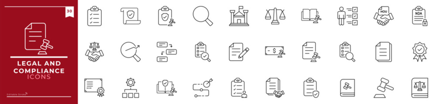 Legal And Compliance, Outline icons collection. Simple vector illustration. compliance, regulation, policy, legal, rule, law, governance, document and more
