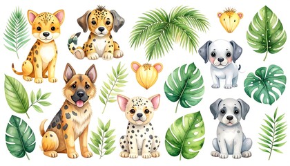 Fototapeta premium Cute Cartoon Puppy and Wild Cat Cubs Sitting Among Tropical Green Leaves