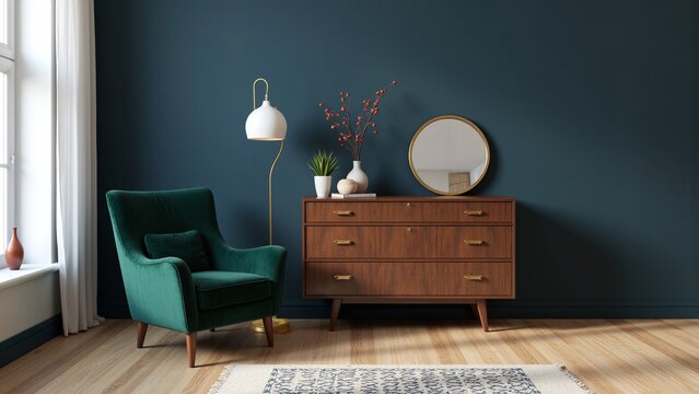 Blue Wall Commode with Velvet Chair