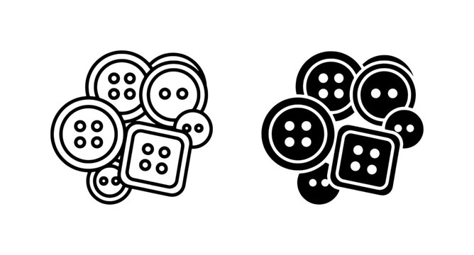 Set of Black and White Sewing Buttons, Craft Supplies, Clothing Fasteners, Vector Icons