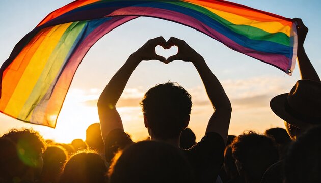 Person making a heart gesture beneath a rainbow flag at sunset during an lgbtq pride celebration.