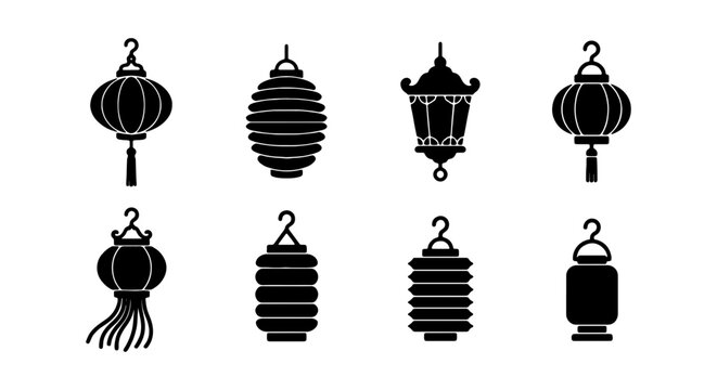 Black Lantern Icons Set, Traditional Asian Paper Lanterns, Festive Decorative Elements, Vector Graphics