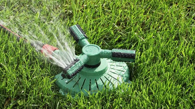 Green garden sprinkler spraying water across lush grass, showcasing the continuous flow of irrigation in a vibrant outdoor setting during sunny weather