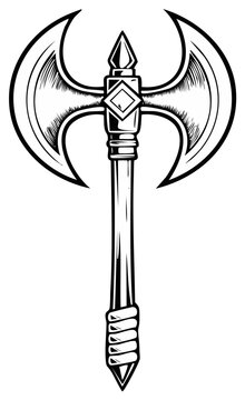 Detailed line art of a double headed battle axe or tomahawk weapon with handle and sharp edges on white