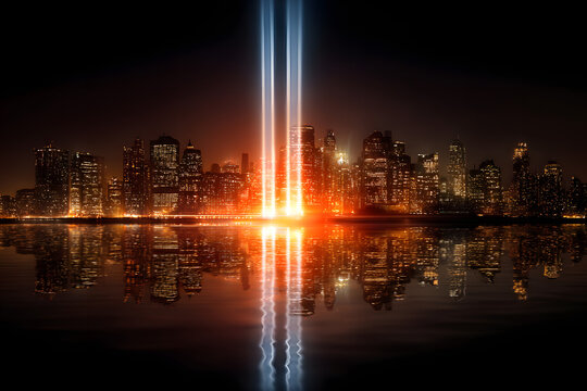 September 11th remembrance candle reflects the outline of the Twin Towers with rising light beam petals, a tribute to loss, resilience, unity, respect, and the anniversary of the reflection of the Twi
