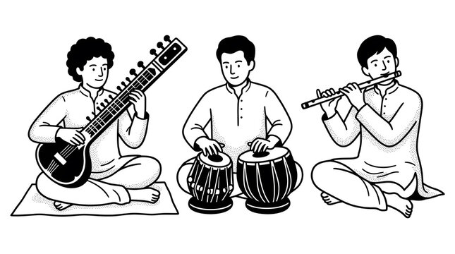 Traditional Indian musicians performing classical music in a minimal outline illustration with sitar tabla.