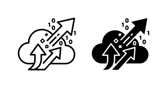 Cloud Data Upload Icons, Digital Information Transfer, Binary Code Growth Arrows, Technology Concepts