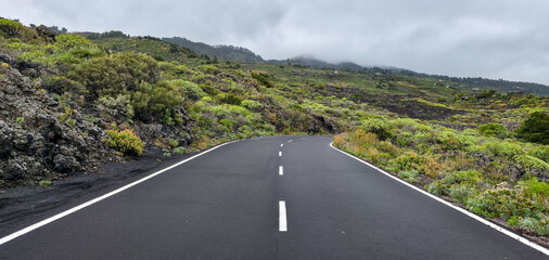 Obraz premium Scenic road through lush green landscape with volcanic rock formations under cloudy sky in mountains